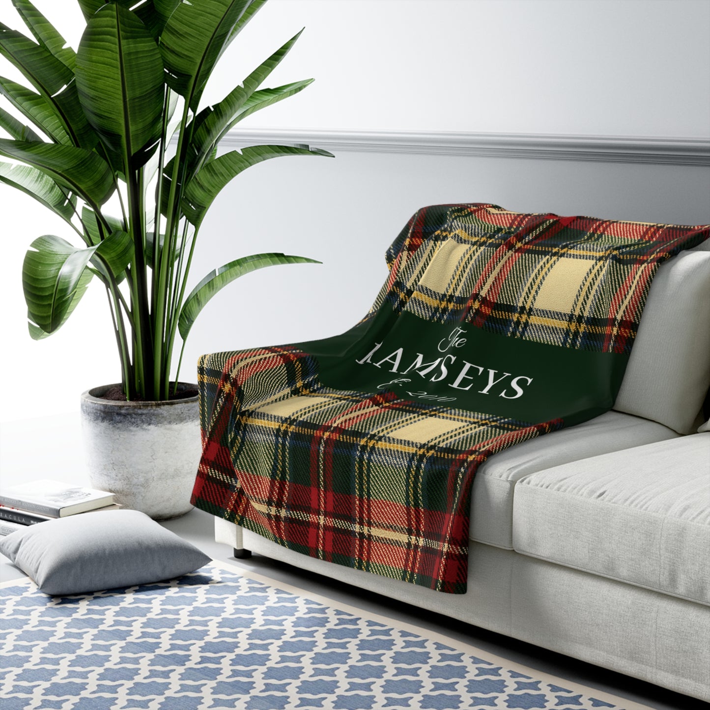 Personalized Cream & Red Tartan Christmas Blanket – Ralph Lauren Inspired Plaid Family Throw | Custom Sherpa or Fleece Blanket (50x60 or 60x80)
