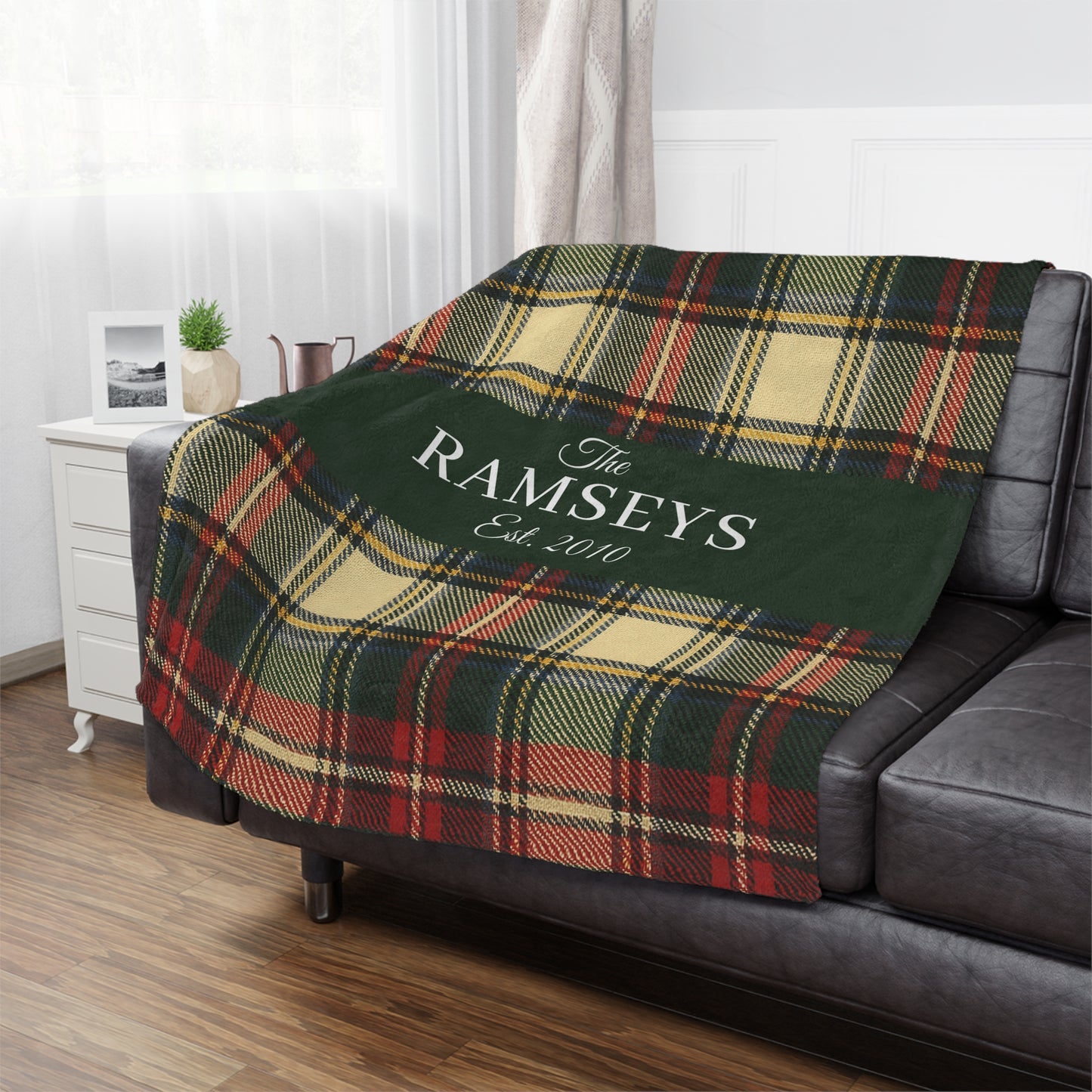 Personalized Cream & Red Tartan Christmas Blanket – Ralph Lauren Inspired Plaid Family Throw | Custom Sherpa or Fleece Blanket (50x60 or 60x80)