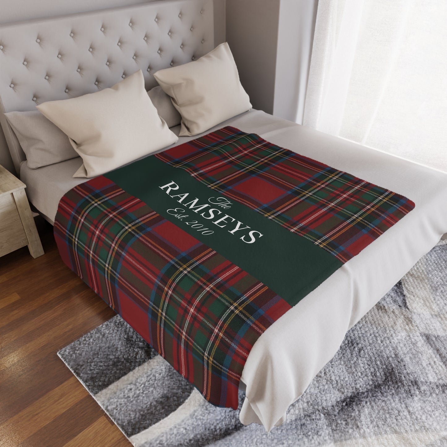 Personalized Tartan Christmas Blanket – Classic Red Plaid Family Name Throw with Green Stripe | Custom Sherpa or Fleece Blanket (50x60 or 60x80)