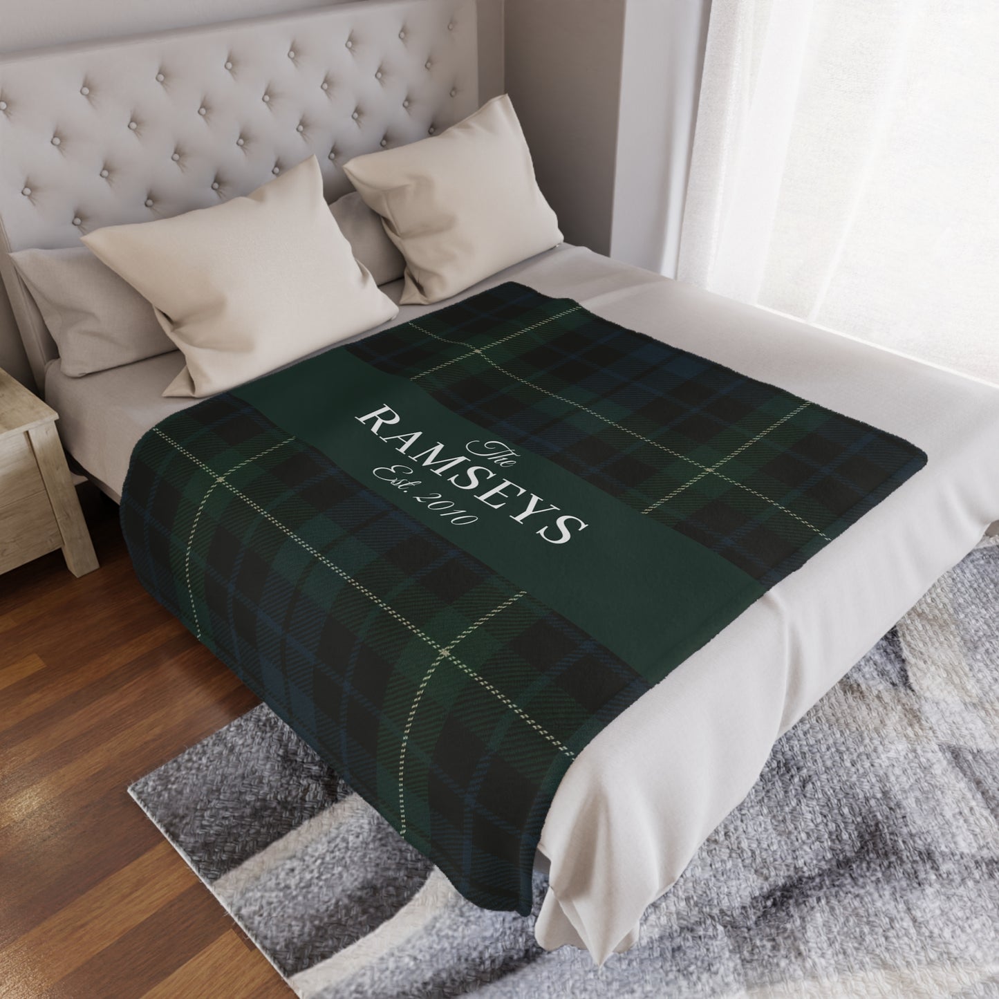 Personalized Green & Navy Tartan Christmas Blanket – Ralph Lauren Style Plaid Throw with Family Name | Custom Sherpa or Fleece Blanket (50x60 or 60x80)