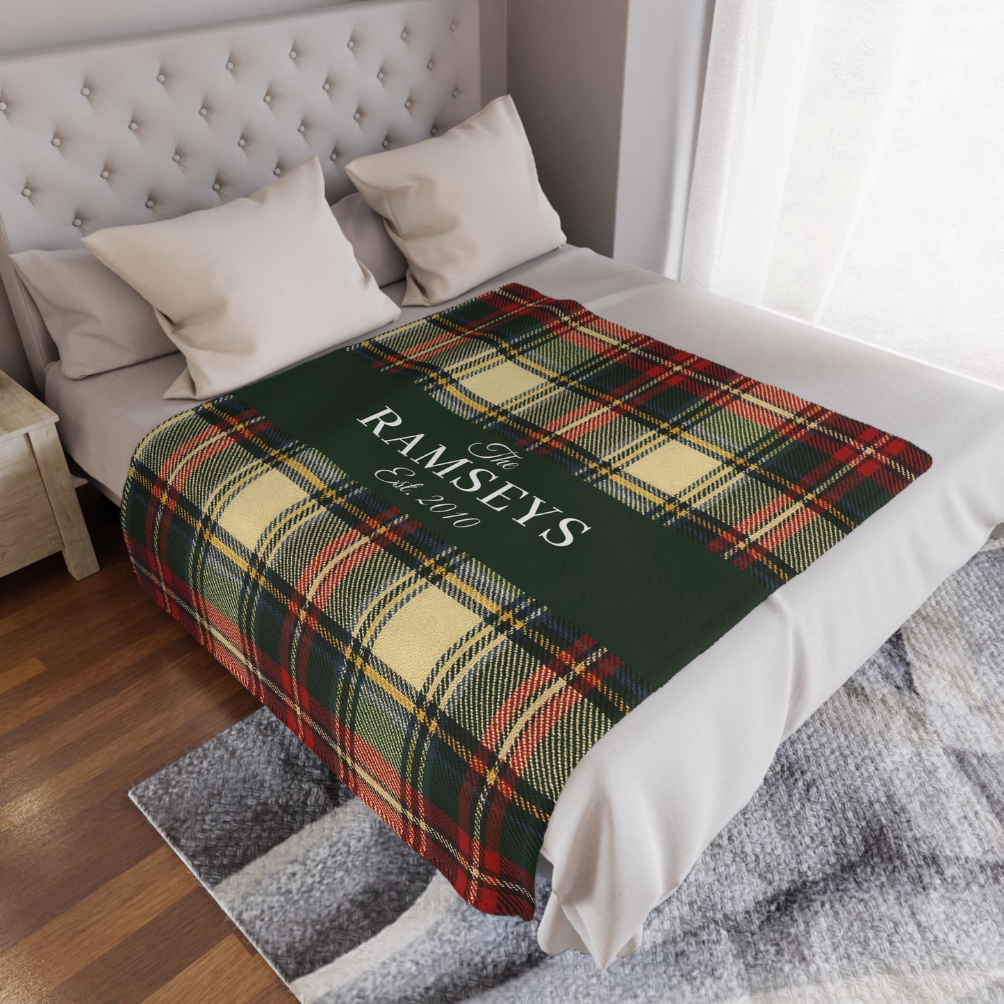 Personalized Cream & Red Tartan Christmas Blanket – Ralph Lauren Inspired Plaid Family Throw | Custom Sherpa or Fleece Blanket (50x60 or 60x80)