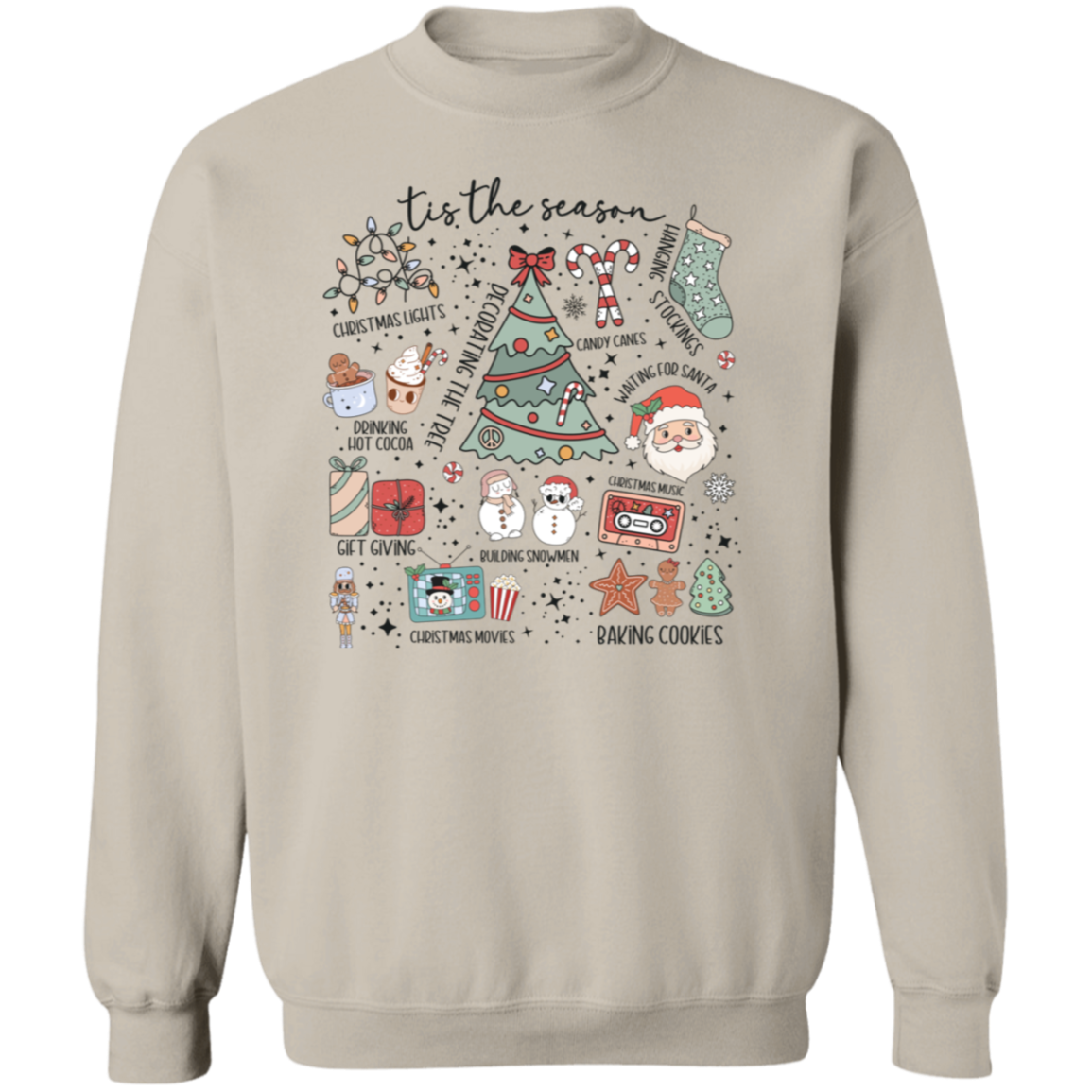 'Tis the Season Retro Christmas Sweatshirt – Gildan Crewneck with Vintage Holiday Icons