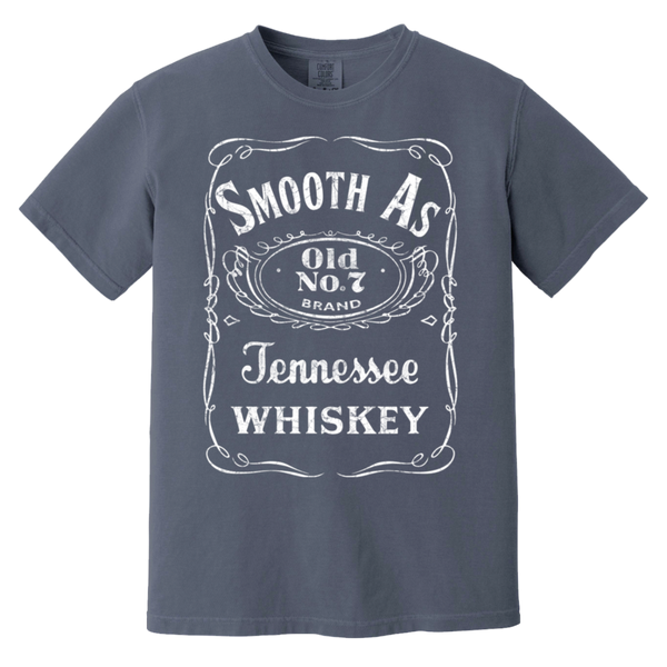 Blue jean t-shirt with 'Smooth As Old No. 7 Brand Tennessee Whiskey' text design.