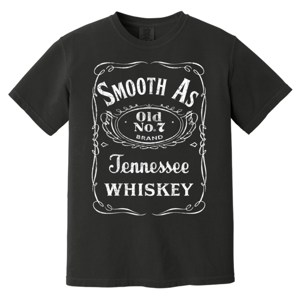 Black t-shirt with 'Smooth As Old No. 7 Brand Tennessee Whiskey' text design.