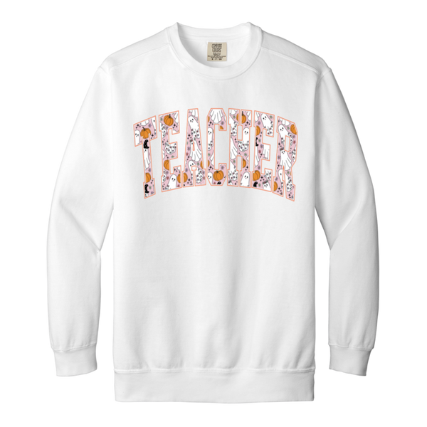 Trendy Halloween Fall Crewneck Sweatshirt – Perfect for Spooky Teachers!