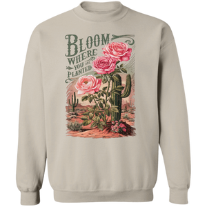 Bloom Where You Are Planted Sweatshirt – Gildan Crewneck | Inspirational Cactus Design | Positive Quote Apparel