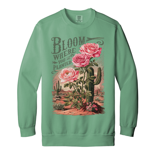 Bloom Where You Are Planted Sweatshirt – Comfort Colors | Cactus Graphic Crewneck | Inspirational Positive Apparel