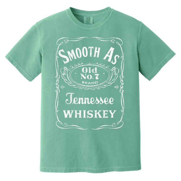 Seafoam t-shirt with 'Smooth As Old No. 7 Brand Tennessee Whiskey' text design.