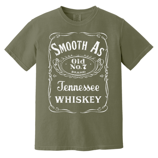 Moss t-shirt with 'Smooth As Old No. 7 Brand Tennessee Whiskey' text design.