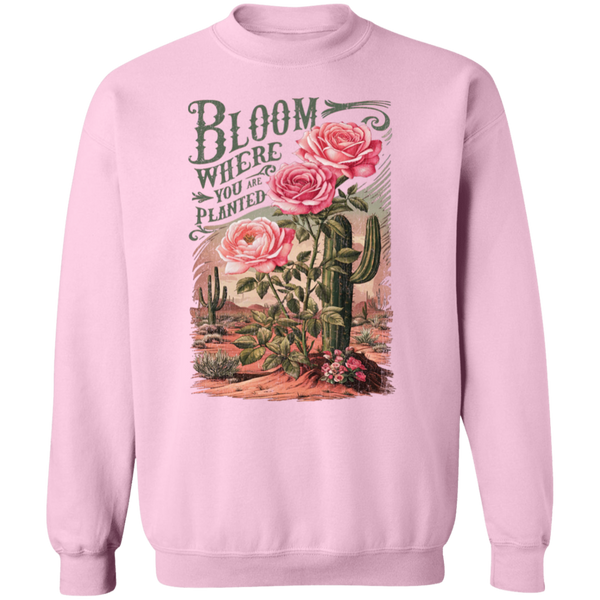 Bloom Where You Are Planted Sweatshirt – Gildan Crewneck | Inspirational Cactus Design | Positive Quote Apparel