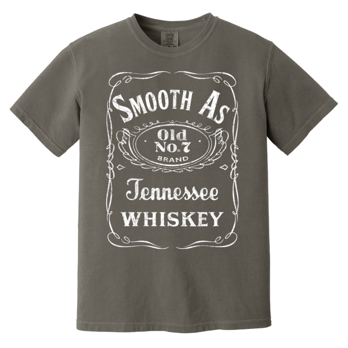 grey t-shirt with 'Smooth As Old No. 7 Brand Tennessee Whiskey' text design.