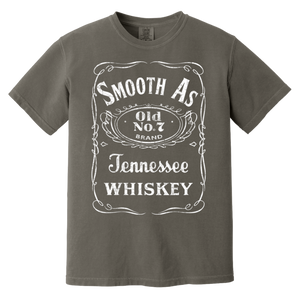 grey t-shirt with 'Smooth As Old No. 7 Brand Tennessee Whiskey' text design.