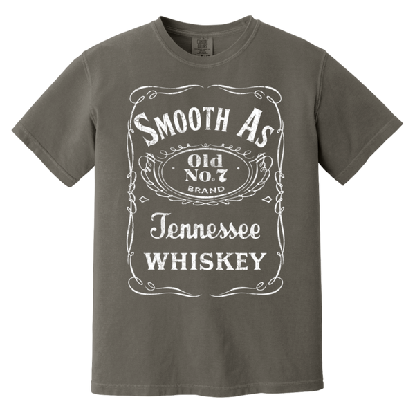grey t-shirt with 'Smooth As Old No. 7 Brand Tennessee Whiskey' text design.