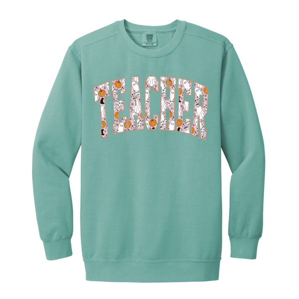 Trendy Halloween Fall Crewneck Sweatshirt – Perfect for Spooky Teachers!