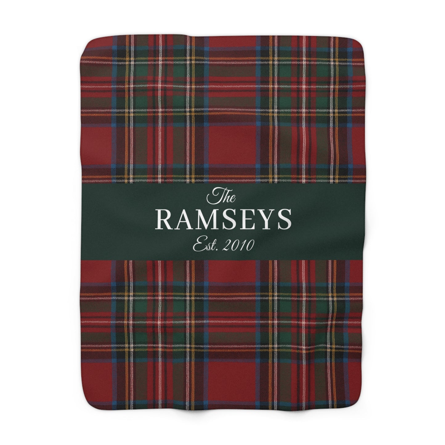 Personalized Tartan Christmas Blanket – Classic Red Plaid Family Name Throw with Green Stripe | Custom Sherpa or Fleece Blanket (50x60 or 60x80)