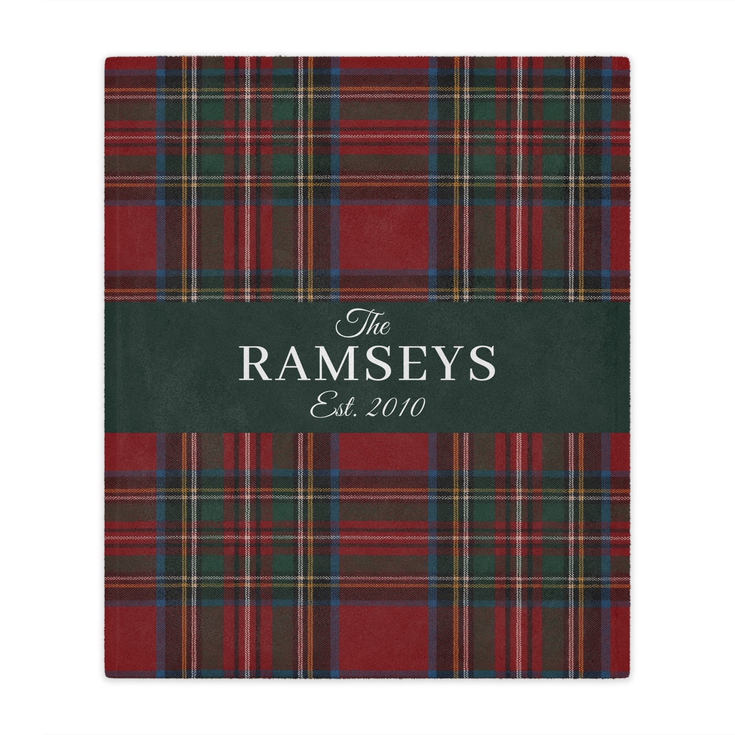 Personalized Tartan Christmas Blanket – Classic Red Plaid Family Name Throw with Green Stripe | Custom Sherpa or Fleece Blanket (50x60 or 60x80)