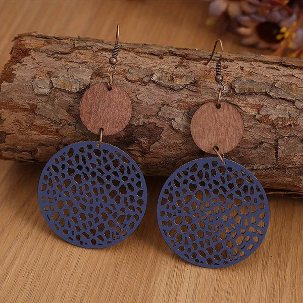 Vintage Wood & Leather Drop Earrings | Hollow Round Bohemian Earrings | Women's Jewelry
