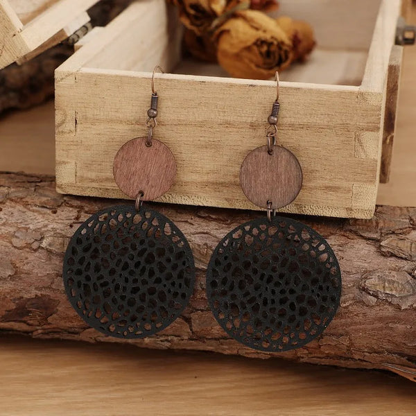 Vintage Wood & Leather Drop Earrings | Hollow Round Bohemian Earrings | Women's Jewelry
