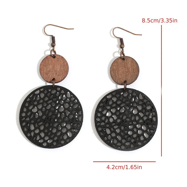 Vintage Wood & Leather Drop Earrings | Hollow Round Bohemian Earrings | Women's Jewelry