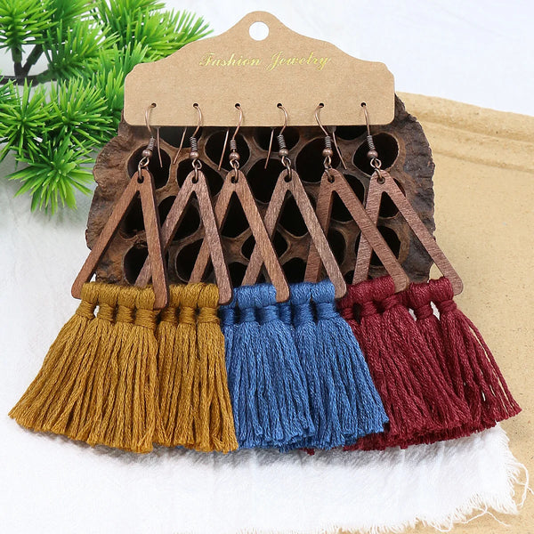Boho Wooden & Hand-Knitted Drop Earrings | Vintage Colorful Sets | Women's Jewelry