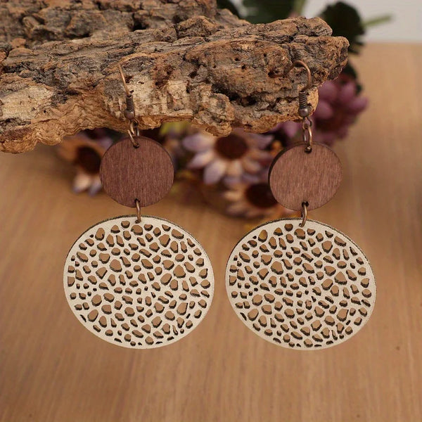 Vintage Wood & Leather Drop Earrings | Hollow Round Bohemian Earrings | Women's Jewelry