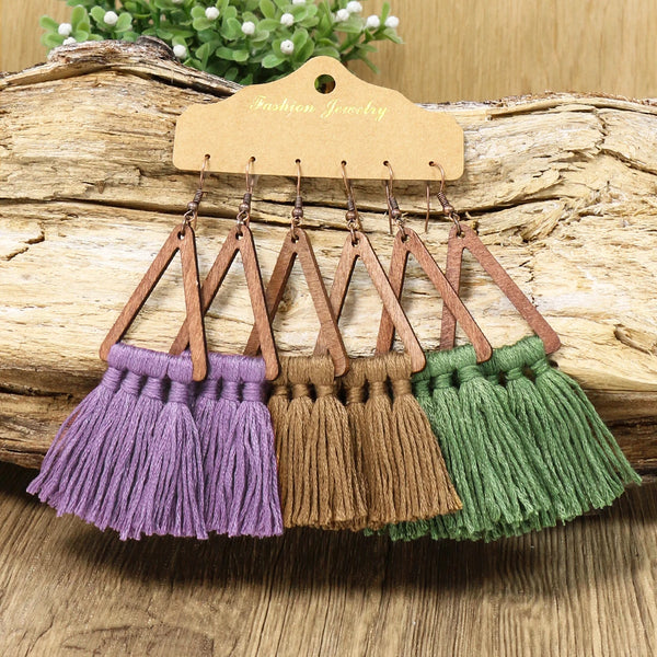 Boho Wooden & Hand-Knitted Drop Earrings | Vintage Colorful Sets | Women's Jewelry