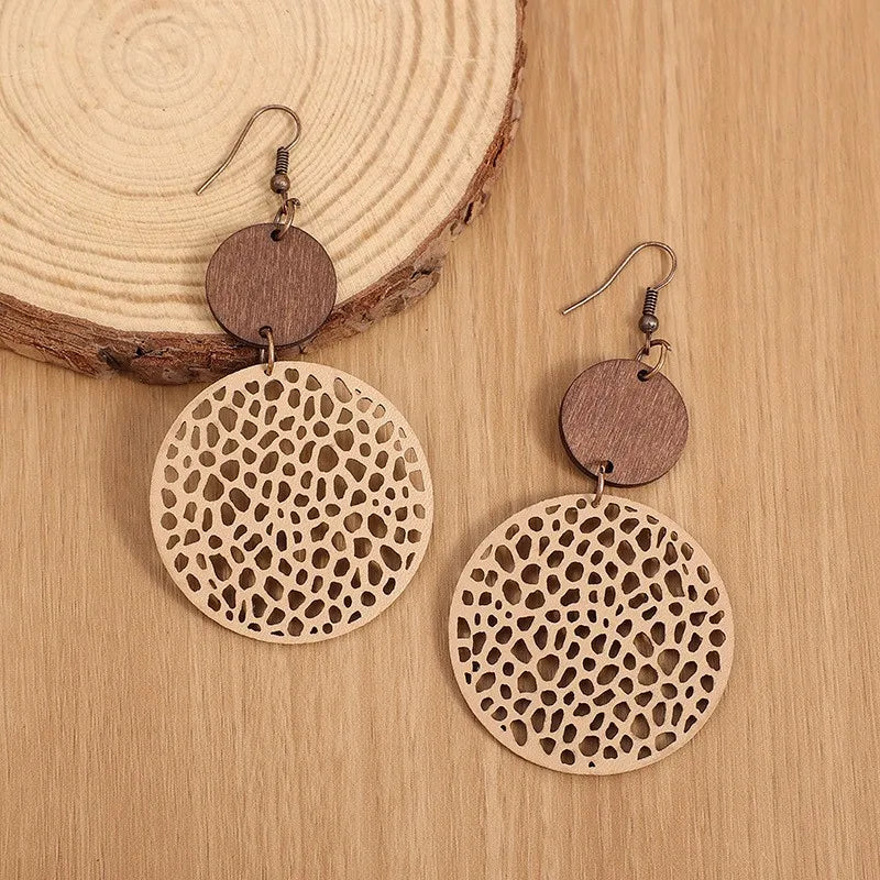 Vintage Wood & Leather Drop Earrings | Hollow Round Bohemian Earrings | Women's Jewelry