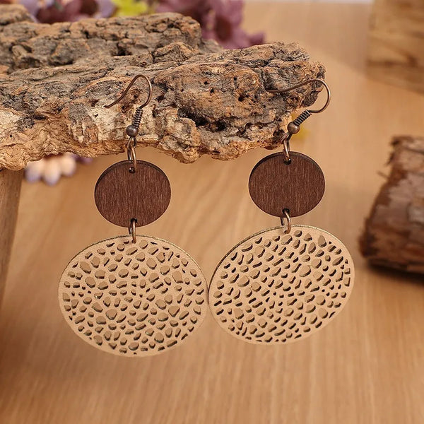 Vintage Wood & Leather Drop Earrings | Hollow Round Bohemian Earrings | Women's Jewelry