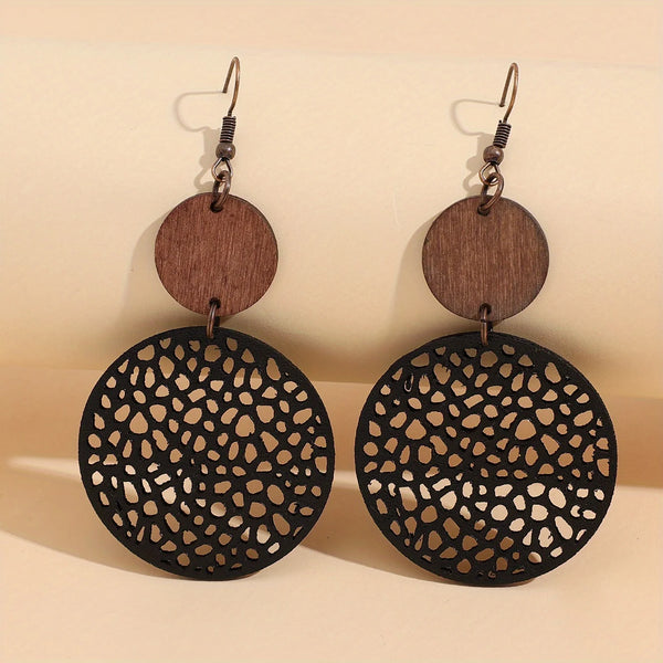 Vintage Wood & Leather Drop Earrings | Hollow Round Bohemian Earrings | Women's Jewelry