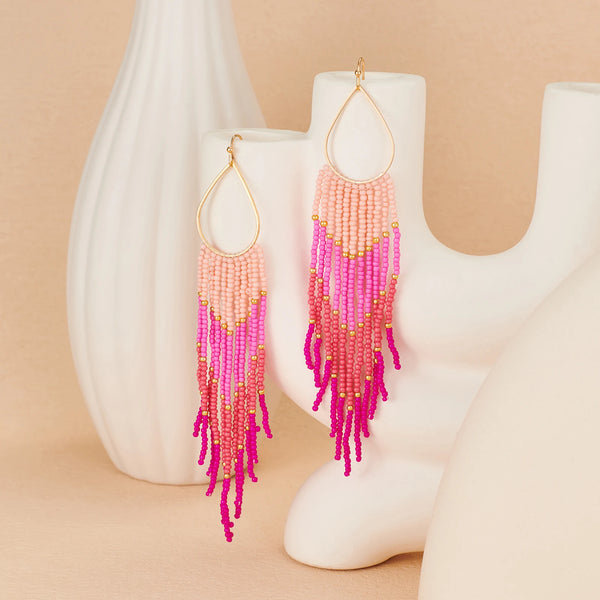Bohemian Beaded Tassel Earrings | Color Gradient Drop Earrings | Handmade Seed Bead Jewelry