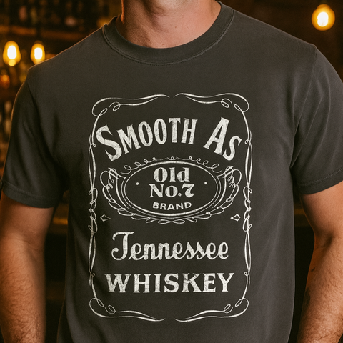 Black t-shirt with 'Smooth As Old No. 7 Brand Tennessee Whiskey' text design.