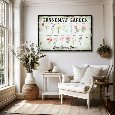 Personalized "Love Grows Here" Canvas – Custom Birth Flower Family Garden Artwork