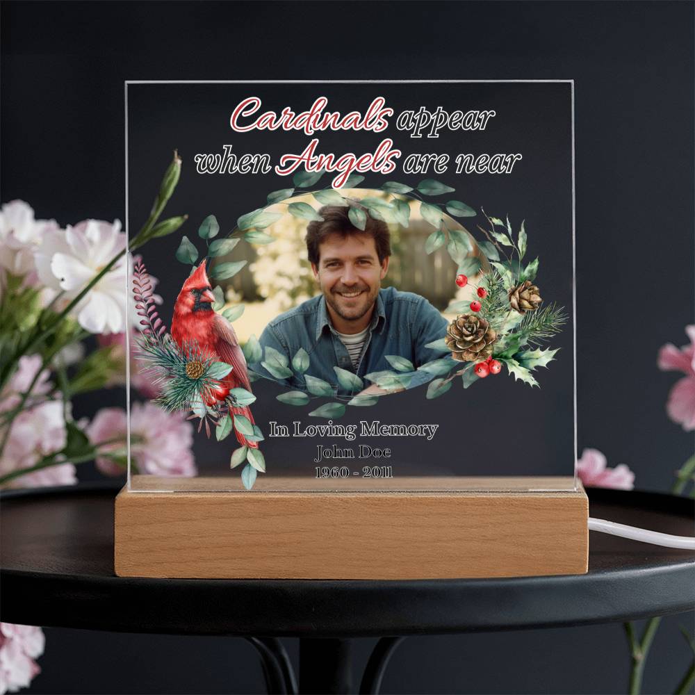 Personalized Cardinal Memorial LED Light – “Cardinals Appear When Angels Are Near” Acrylic Plaque with Custom Photo, Name & Dates | Sympathy, Christmas, or Remembrance Gift