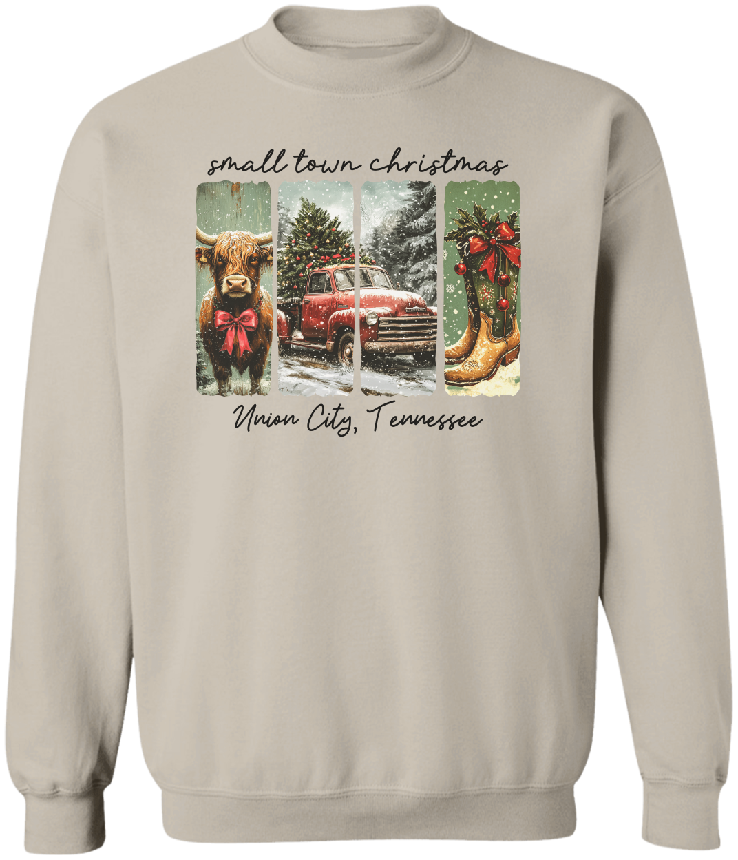 Vintage Small Town Christmas Gildan Sweatshirt – Personalized City & State Holiday Rustic Country Design