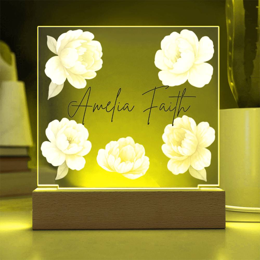 Personalized Peony Name LED Night Light for Nursery | Custom Floral Acrylic Sign for Baby Girl Room Décor
