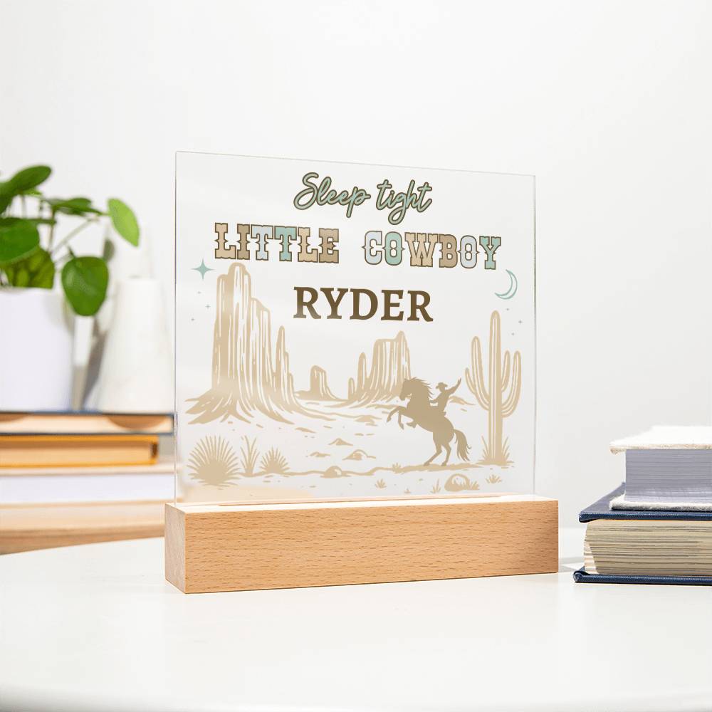 Sleep Tight Little Cowboy Personalized Acrylic Night Light – Custom Western Nursery Decor – Cowboy Bedroom Gift for Boys