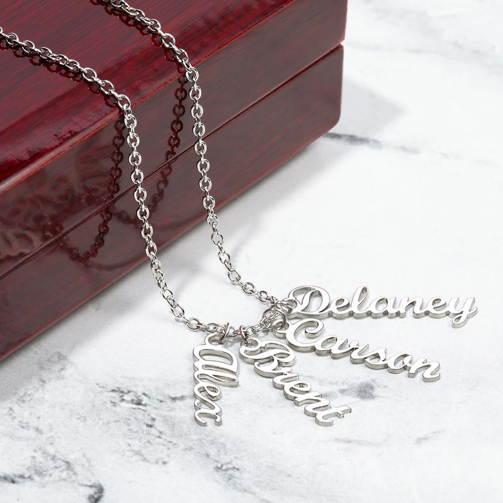 Personalized Multi Vertical Name Necklace | Custom Layered Name Pendant in Stainless Steel or 18k Yellow Gold