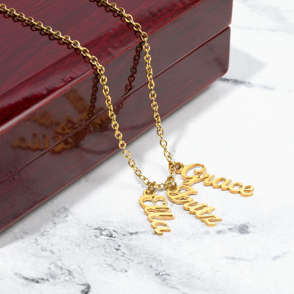 Personalized Multi Vertical Name Necklace | Custom Layered Name Pendant in Stainless Steel or 18k Yellow Gold