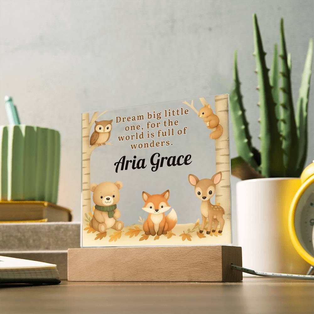 Personalized Woodland Animal LED Night Light – Custom Name Nursery Lamp with Bear, Fox & Deer – Dream Big Little One Baby Gift – Kids Room Decor