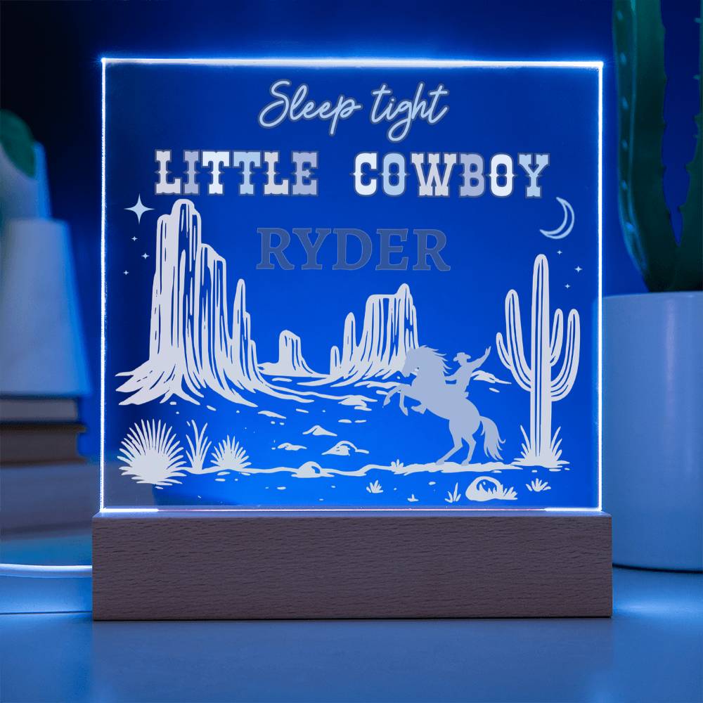 Sleep Tight Little Cowboy Personalized Acrylic Night Light – Custom Western Nursery Decor – Cowboy Bedroom Gift for Boys