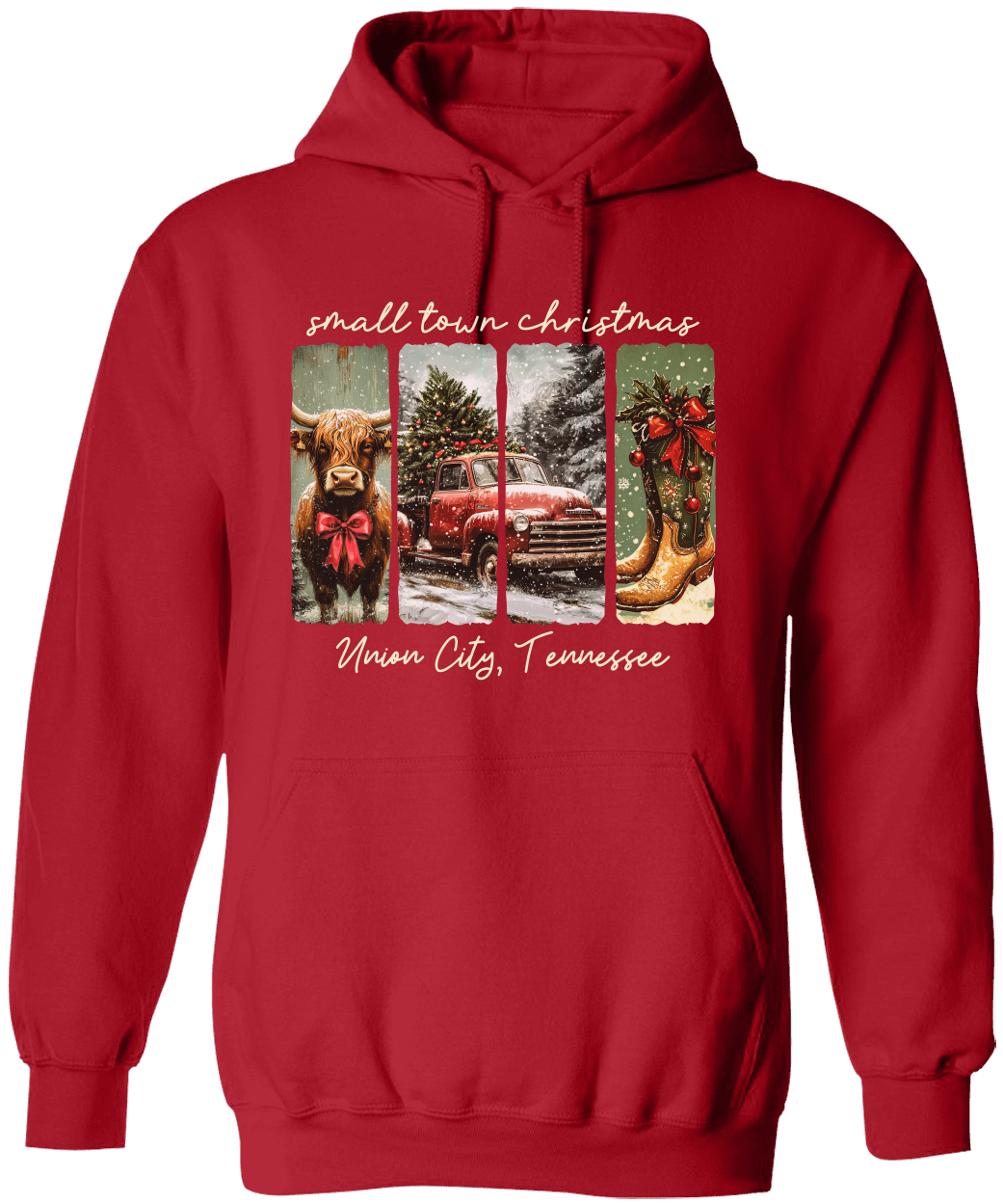 Vintage Small Town Christmas Gildan Hoodie – Personalized City & State Holiday Rustic Country Design