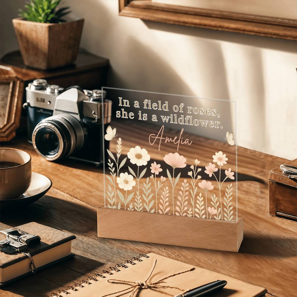 Decorative glass panel with floral design and text on a wooden desk with camera and coffee cup.
