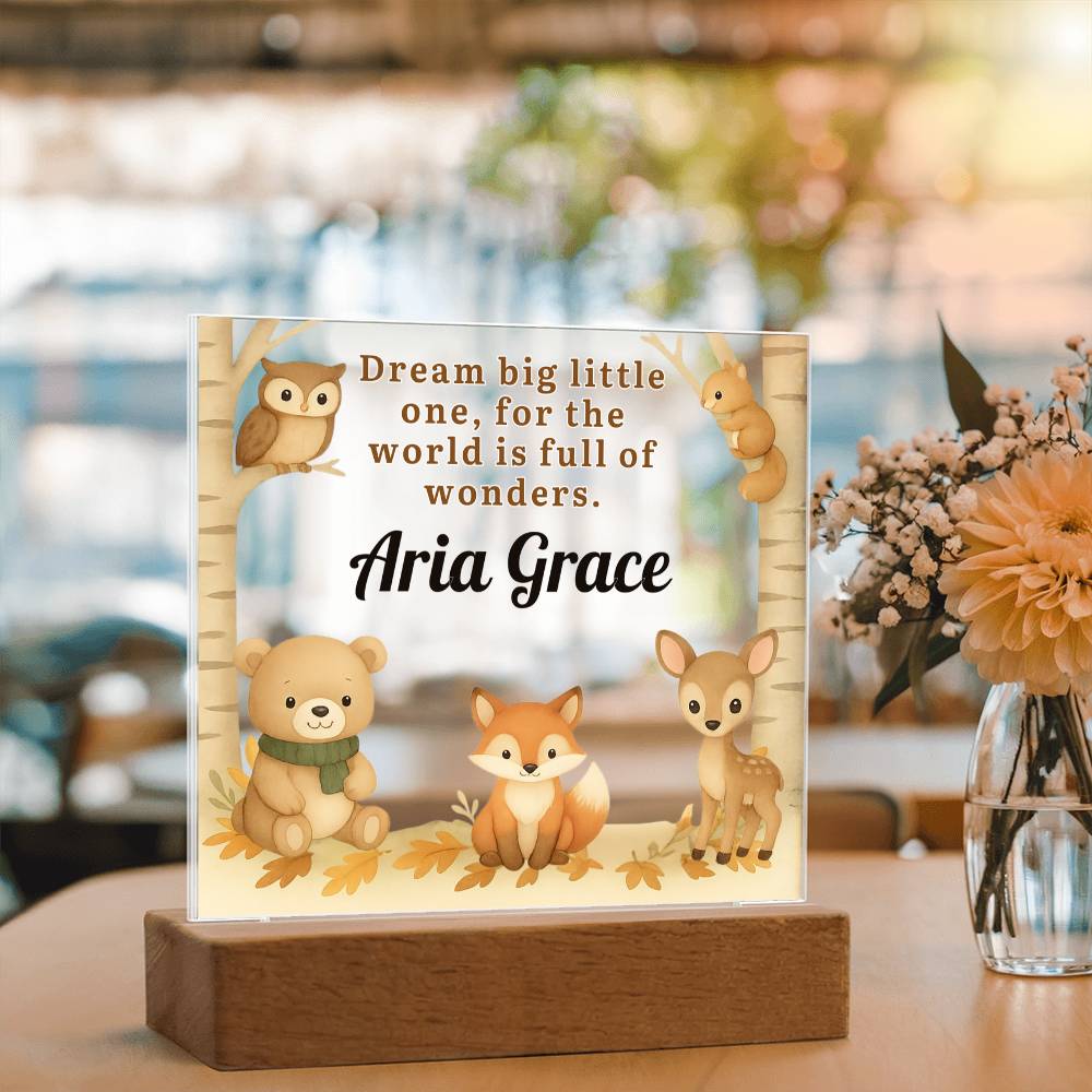 Personalized Woodland Animal LED Night Light – Custom Name Nursery Lamp with Bear, Fox & Deer – Dream Big Little One Baby Gift – Kids Room Decor
