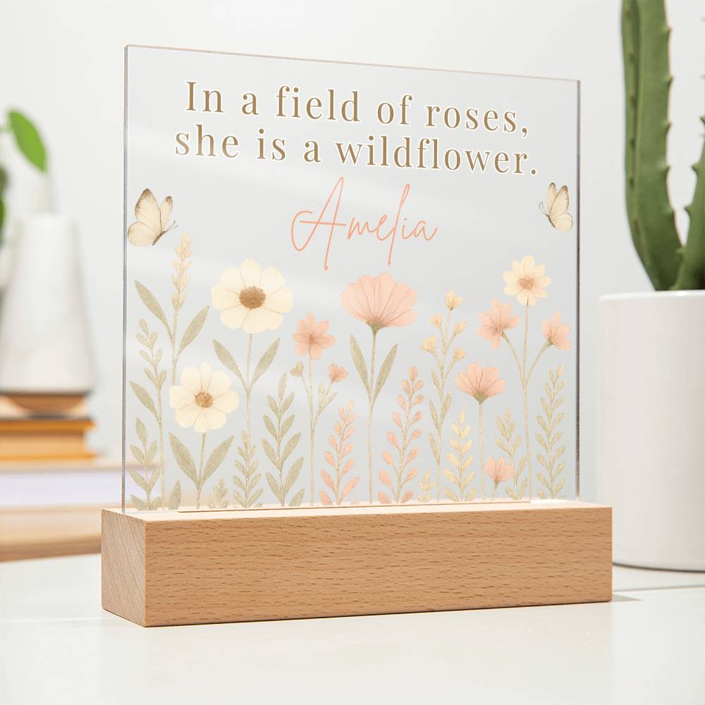 Decorative glass block with floral design and text on a wooden stand.