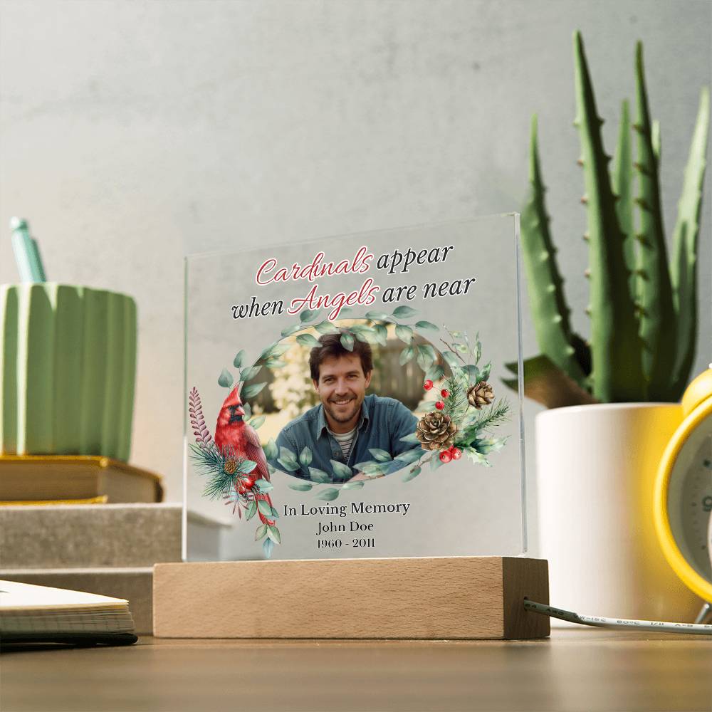 Personalized Cardinal Memorial LED Light – “Cardinals Appear When Angels Are Near” Acrylic Plaque with Custom Photo, Name & Dates | Sympathy, Christmas, or Remembrance Gift
