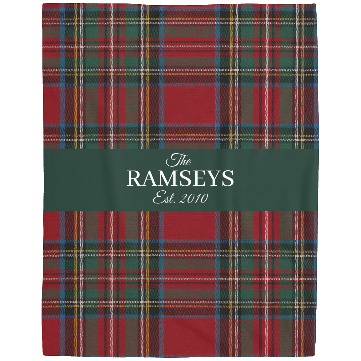 Personalized Tartan Christmas Blanket – Classic Red Plaid Family Name Throw with Green Stripe | Custom Sherpa or Fleece Blanket (50x60 or 60x80)