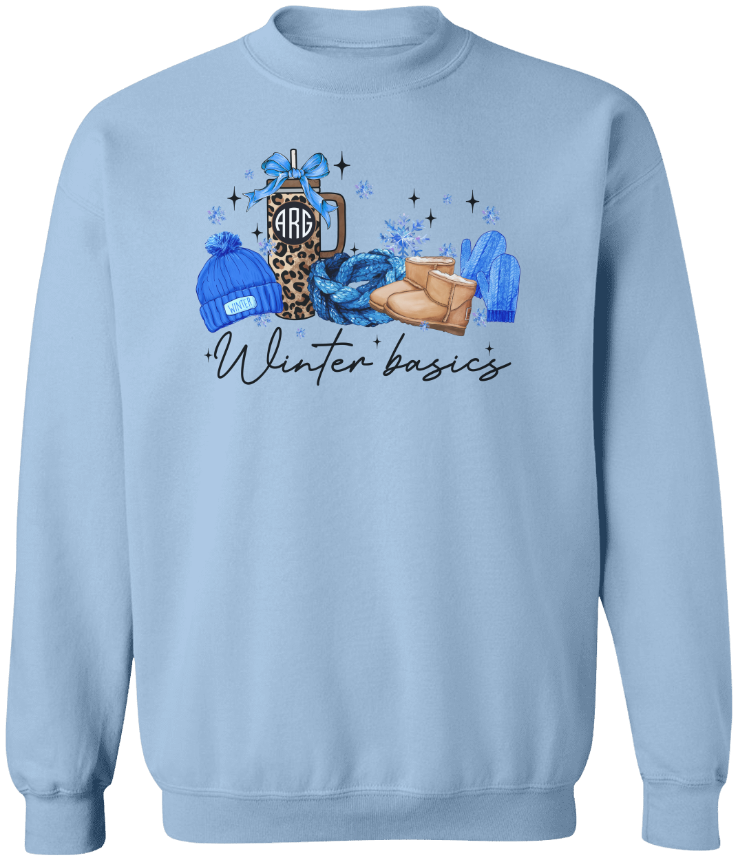 Personalized Winter Basics Gildan Crewneck Sweatshirt | Monogram Coffee Cup Design | Cozy Seasonal Apparel