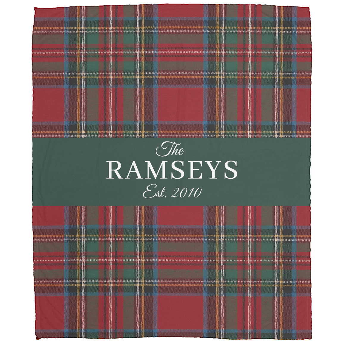 Personalized Tartan Christmas Blanket – Classic Red Plaid Family Name Throw with Green Stripe | Custom Sherpa or Fleece Blanket (50x60 or 60x80)