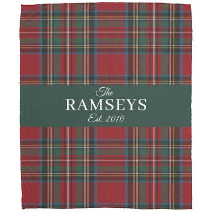 Personalized Tartan Christmas Blanket – Classic Red Plaid Family Name Throw with Green Stripe | Custom Sherpa or Fleece Blanket (50x60 or 60x80)