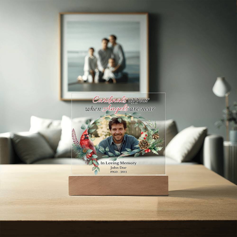 Personalized Cardinal Memorial LED Light – “Cardinals Appear When Angels Are Near” Acrylic Plaque with Custom Photo, Name & Dates | Sympathy, Christmas, or Remembrance Gift